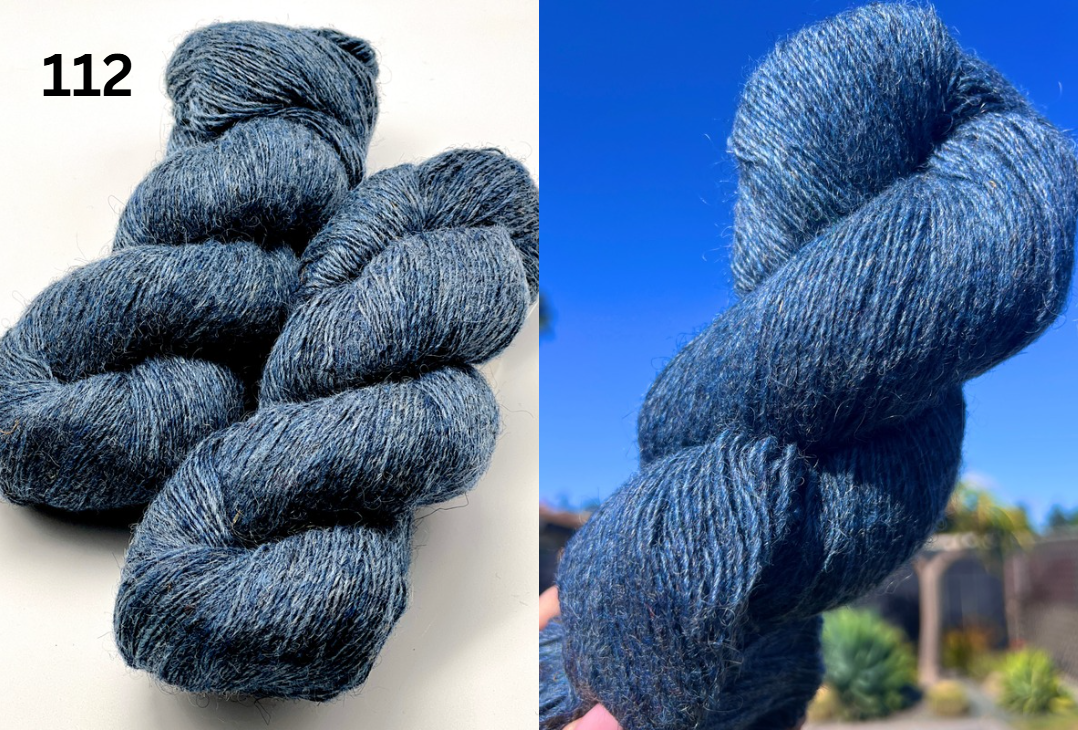 Two skeins of blue yarn, one on a plain background and one against a scenic outdoor background.