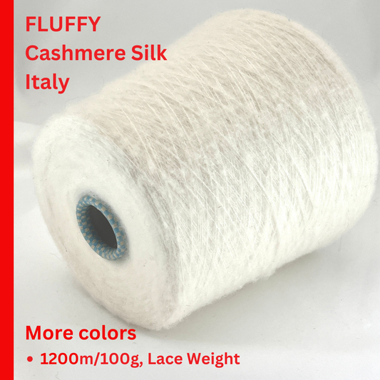 Spool of fluffy cashmere silk yarn with text on a white background