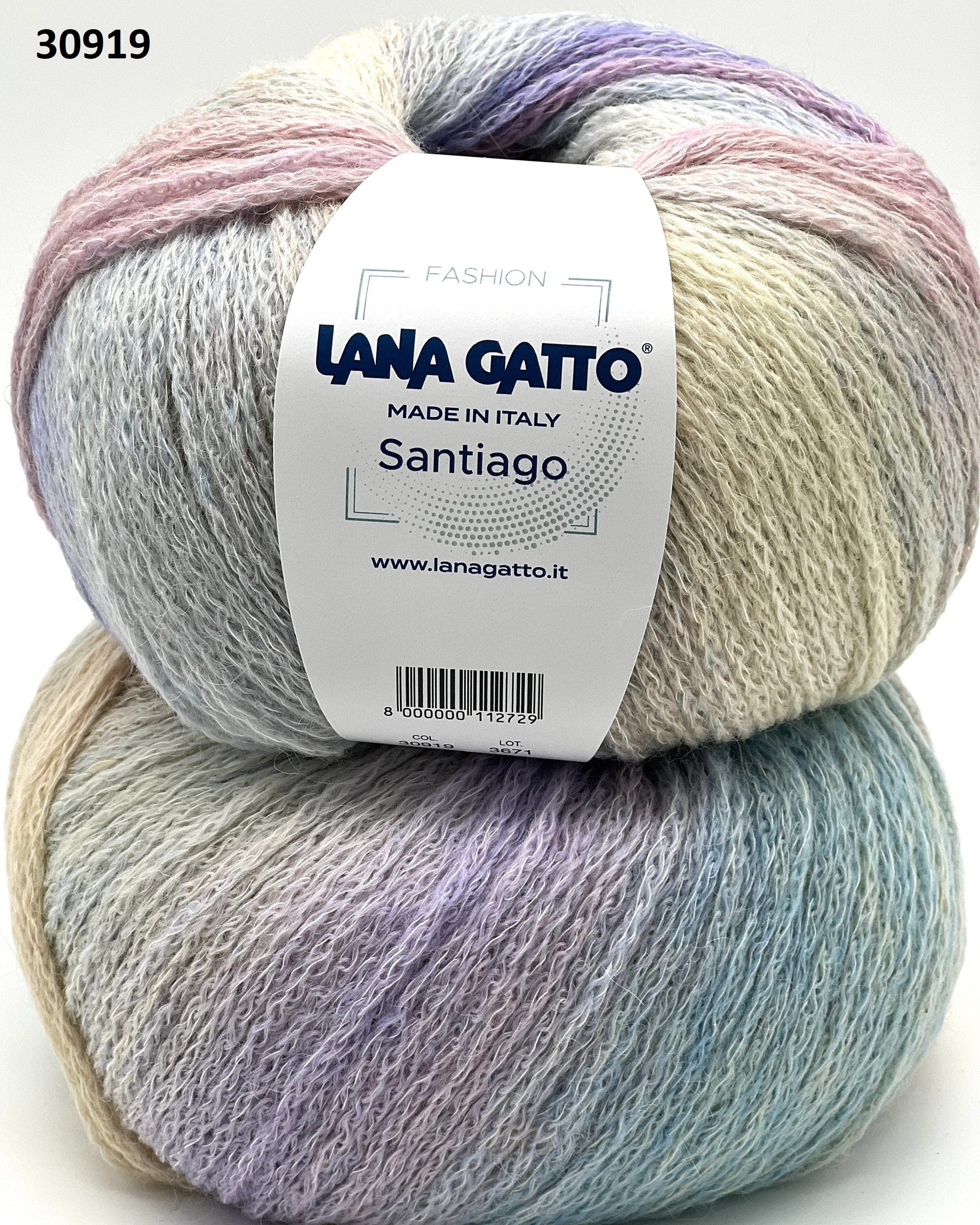 Two skeins of colorful yarn with a Lana Gatto label on a white background