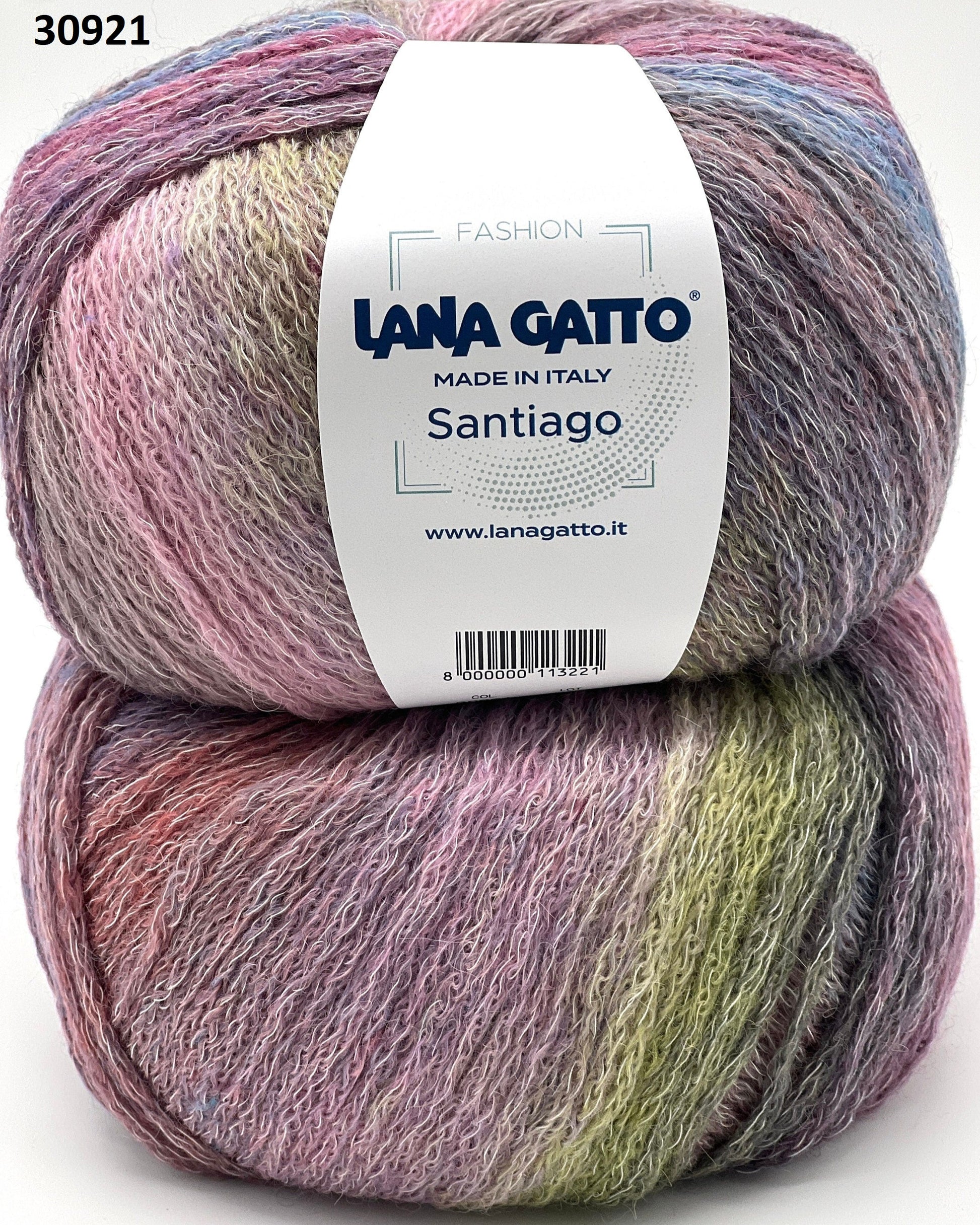 Two skeins of multicolored yarn with a Lana Gatto label on a white background