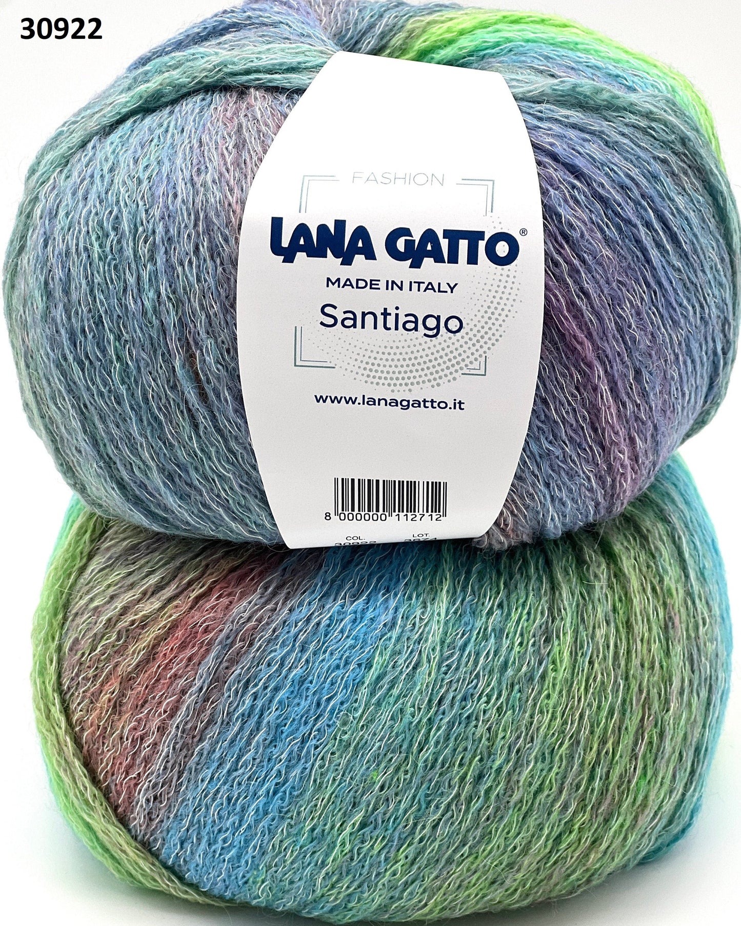 Two skeins of colorful yarn with a Lana Gatto label on a white background