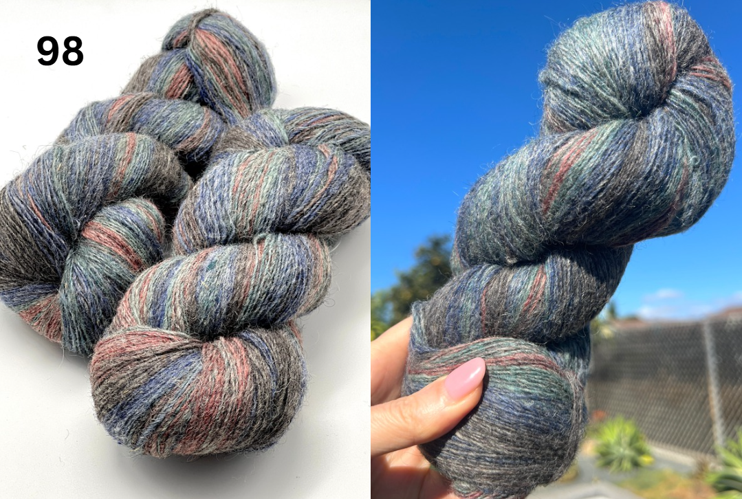 Multicolored skein of yarn on a white background with a blue sky and outdoor setting in the background.