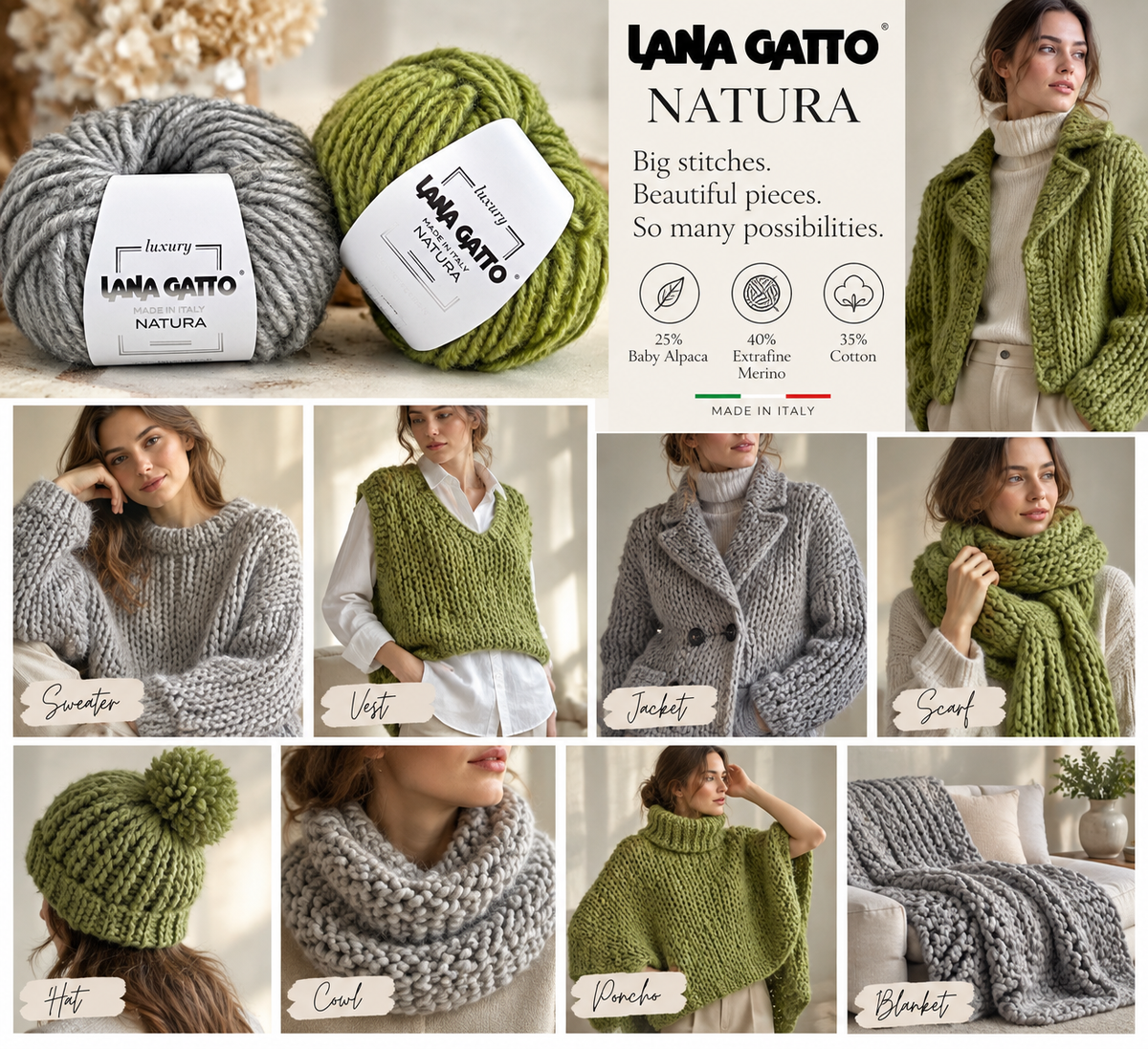 Lana Gatto Natura 40 percent Merino 35 percent Cotton 25 percent Baby Alpaca Italian super bulky yarn from iDOKNiT