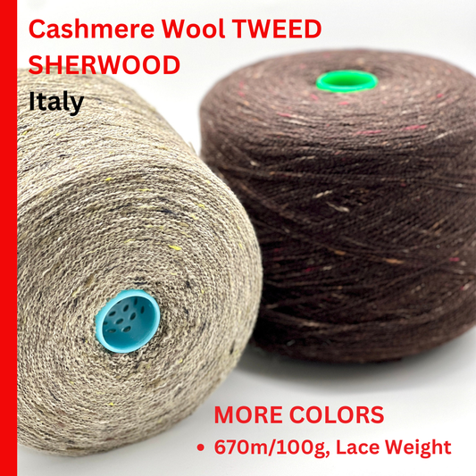 Two skeins of cashmere wool tweed yarn with color labels on a white background.