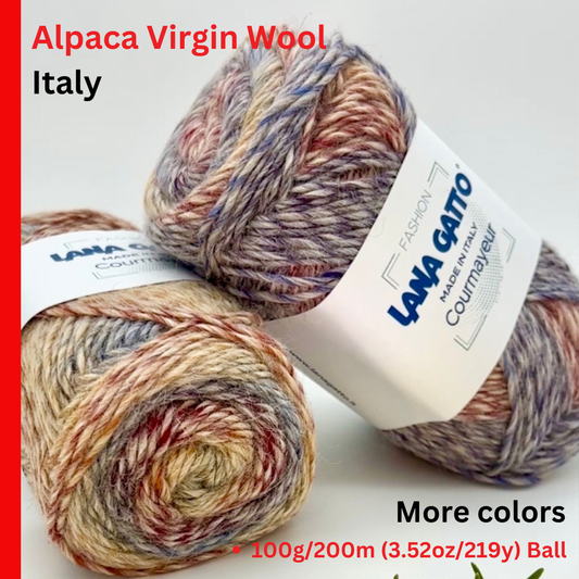 Multicolored alpaca virgin wool yarn with Lana Grossa label on a white background