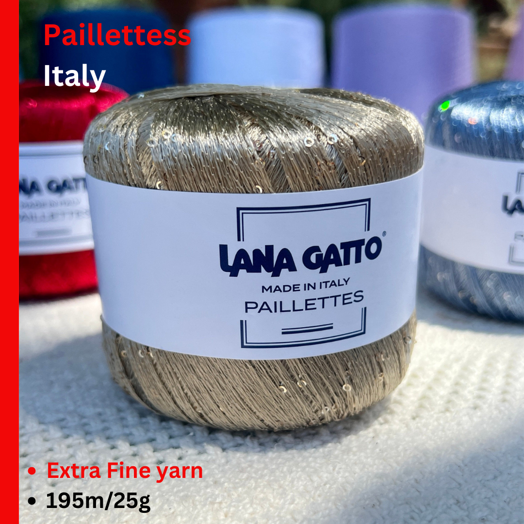 Lana Gatto Paillettes yarn in shimmering pastel tones, with delicate 2mm sequins, lightweight polyester yarn ideal for adding sparkle to knit or crochet projects. Made in Italy. 8600 gold color.