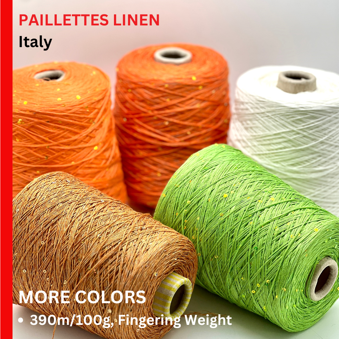 PAILLETTES Linen Yarn, BELLINO, Premium Italian Yarn by G&G Filati, Available in Balls and on Cone, Fingering Weight, 390m/100g (426y/3.52oz)