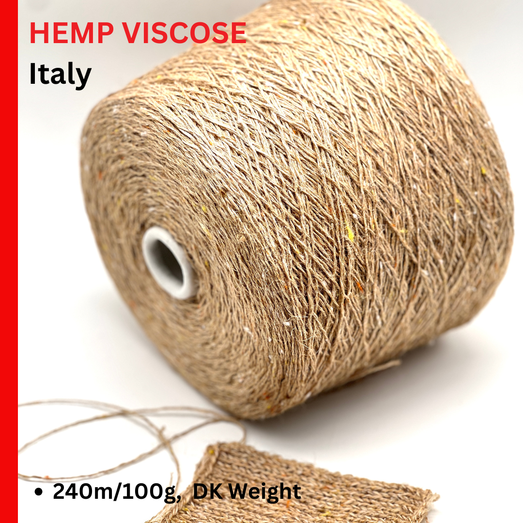Roll of hemp viscose yarn with text indicating 'Hemp Viscose Italy' and product details.