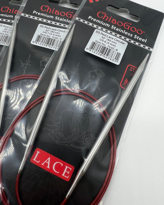 ChiaoGoo RED Lace fixed circular knitting needles featuring surgical stainless steel tips and signature red flexible cable for professional knitting at iDOKNiT.