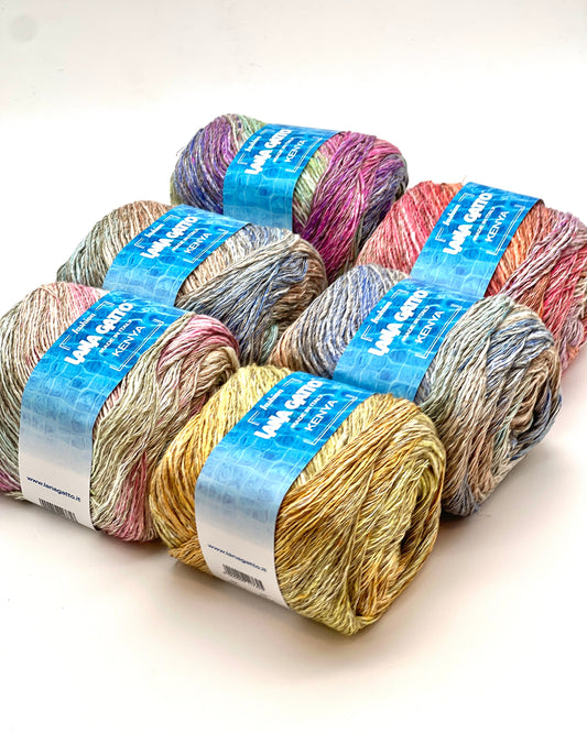 Lana Gatto KENYA cotton linen viscose yarn natural texture sport yarn
Luxury Italian sport yarn KENYA breathable summer knitting yarn
Close up of KENYA yarn showing linen texture and soft fibers
Cotton linen viscose yarn KENYA for summer garments and shawls
Natural fiber Italian yarn KENYA for lightweight knitwear