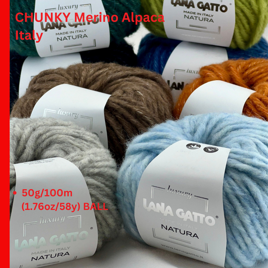 Alpaca 25 Merino 40 Cotton 35 Yarn, NATURA, Luxury Italian Yarn by Lana Gatto, Chunky Weight, 50g/50m (55yrd/1.76oz)