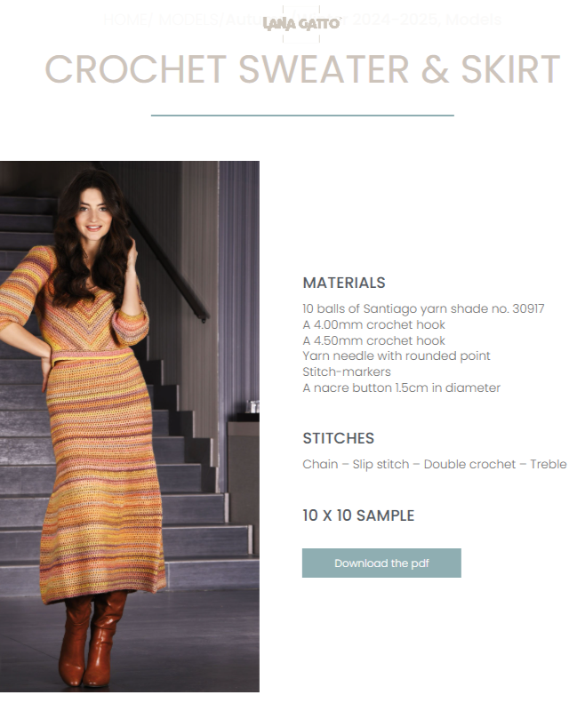 Woman wearing a striped crochet sweater and skirt with product details on a white background