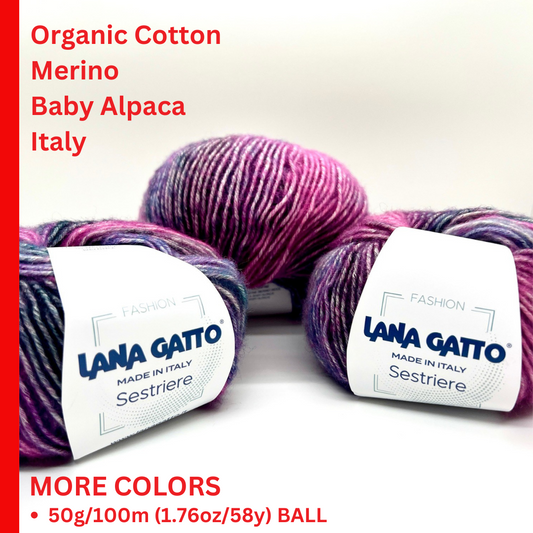 Organic Cotton Merino Baby Alpaca Yarn, SESTRIERE, Limited Fashion Collection by Lana Gatto, Italy, Aran Weight, 50g/100m (109yrds/1.72oz)