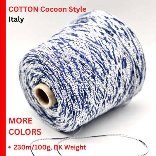 Spool of blue and white yarn with text on a red and white background
