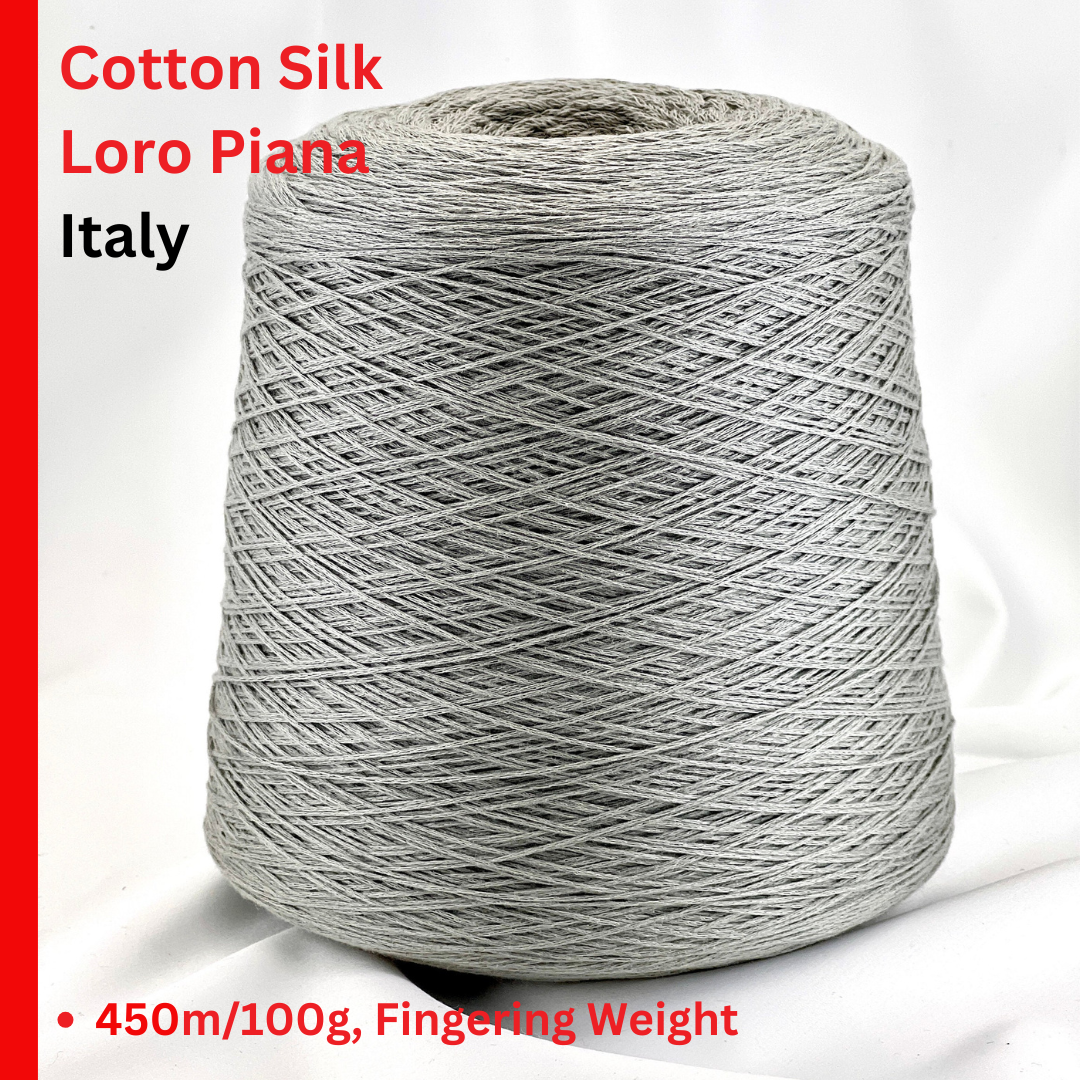Spool of Loro Piana Cotton Silk yarn on a white background with text indicating brand and product details.