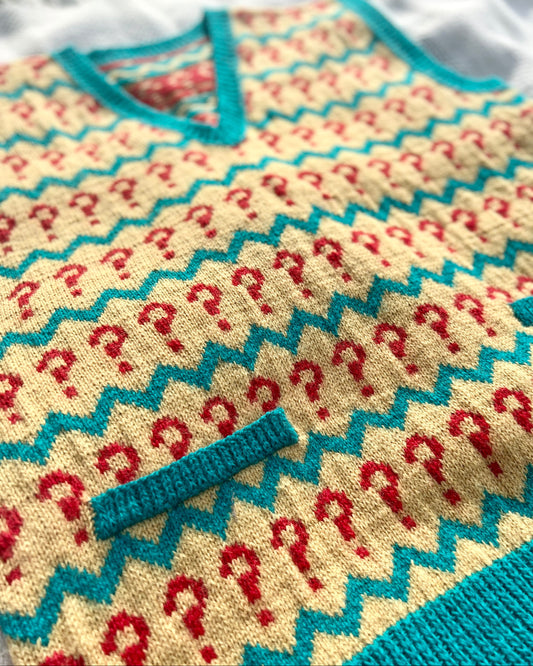 Bespoke hand-knitted 7th Doctor Who vest in premium Italian lambswool, featuring the iconic Sylvester McCoy pattern, custom made by iDOKNiT.