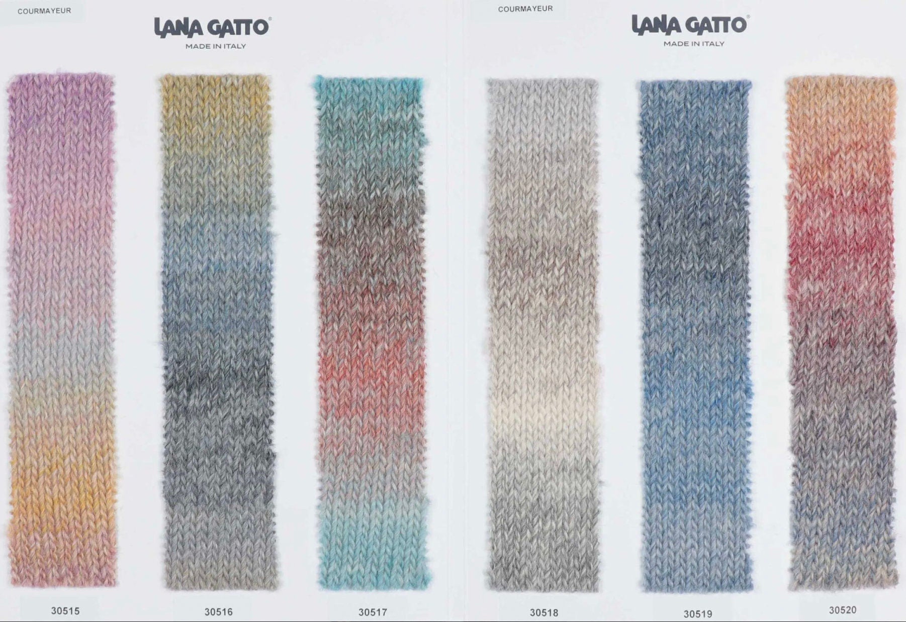 Color swatches of yarn with brand 'Lana Gatto' at the top