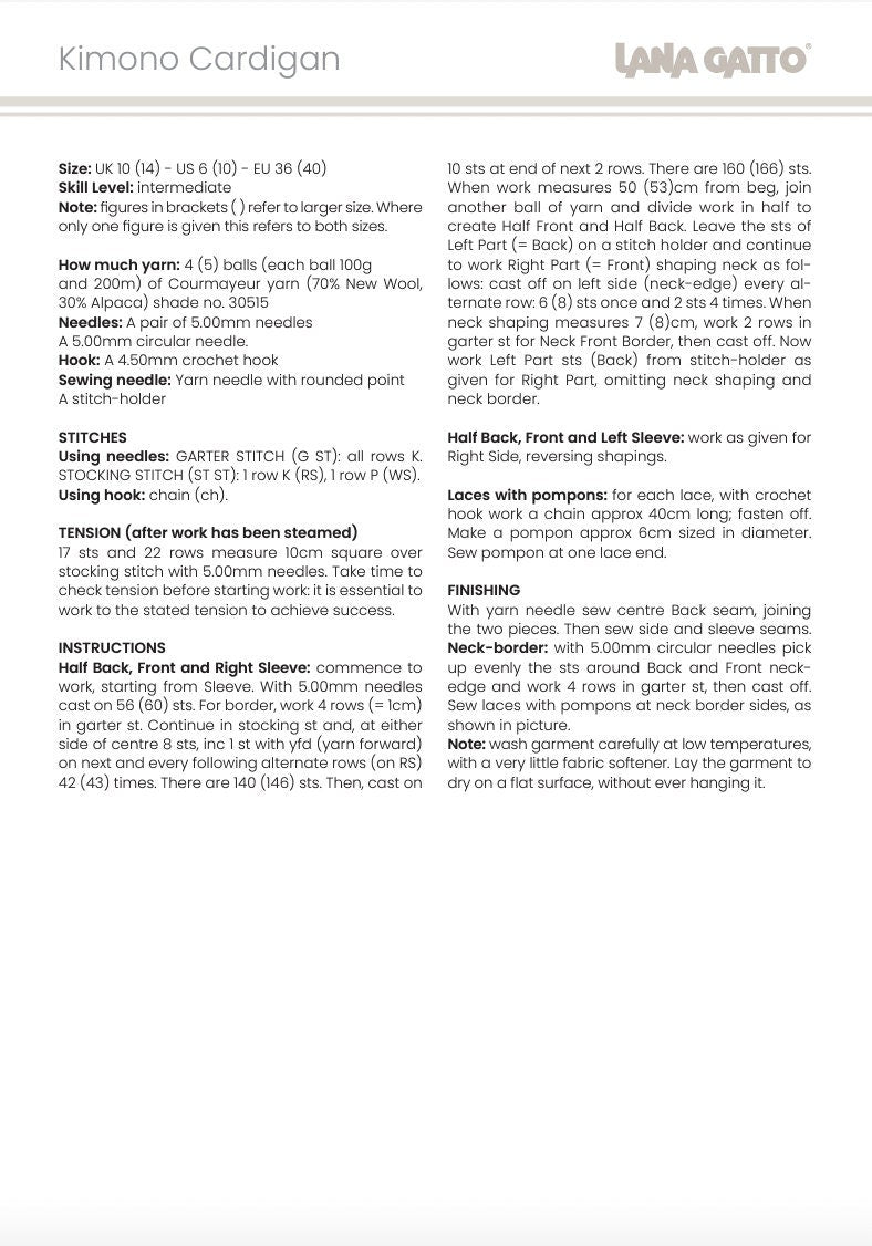 Text description of a kimono cardigan pattern with size chart and yarn usage details.