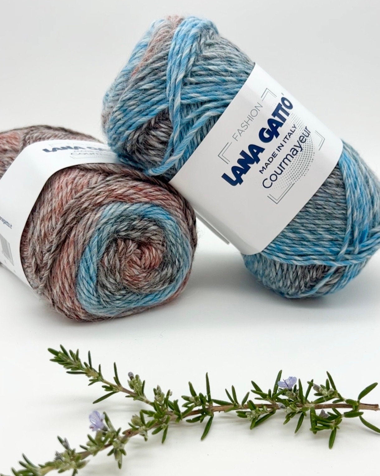 Two skeins of multicolored yarn with a branch on a white background