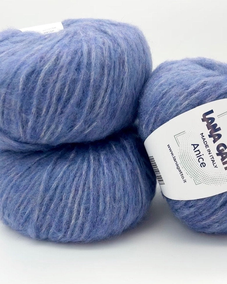 Two blue skeins of yarn with a label on a white background