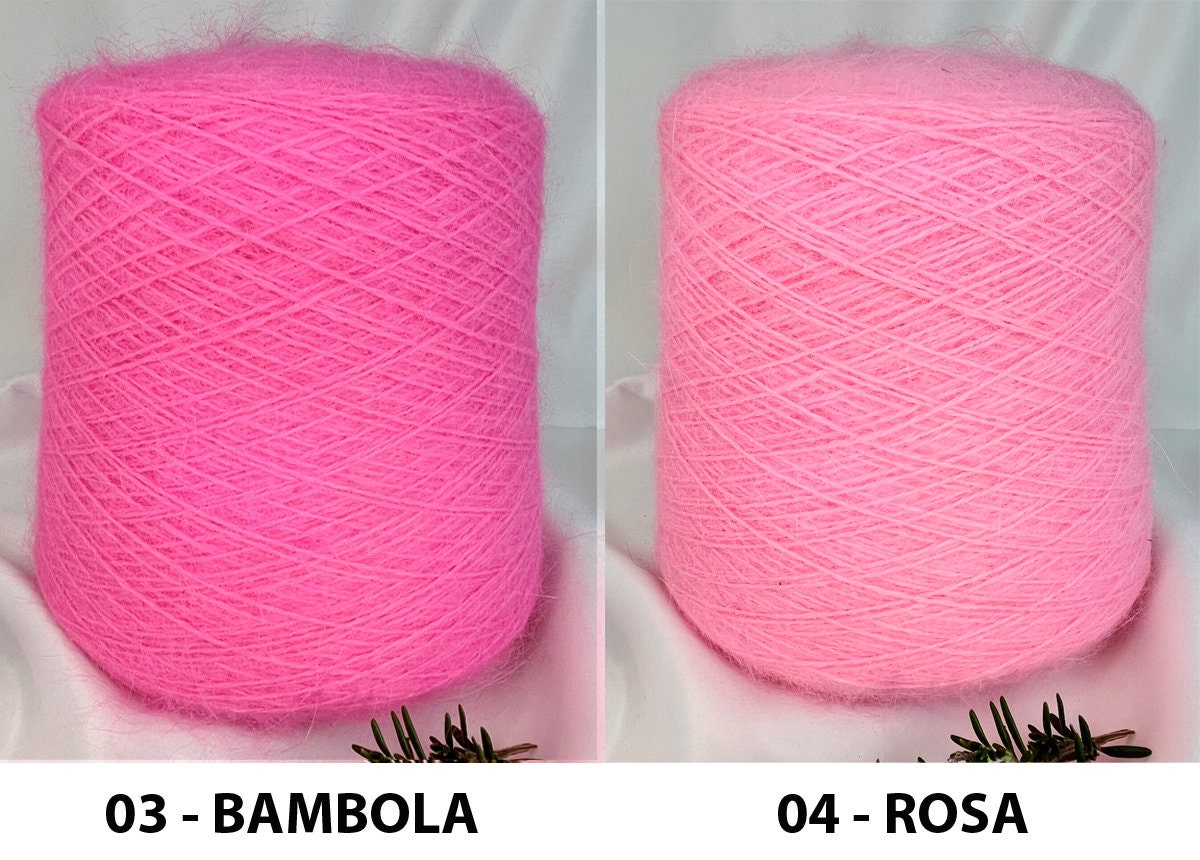 Two pink yarn skeins labeled '03 - Bambola' and '04 - Rosa' on a white background.