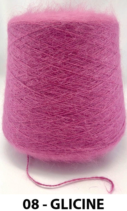 Pink yarn cone labeled '08 - Glicine' on a white background
