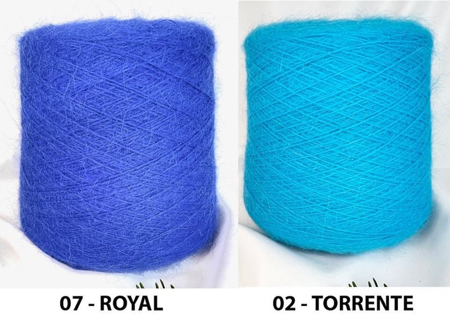 Two skeins of yarn, one blue labeled '07 - Royal' and one turquoise labeled '02 - Torrente', on a white background.