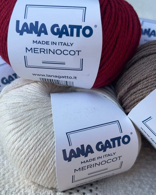 Exclusive iDOKNiT sport weight yarn, MERINOCOT by Lana Gatto Italy. A premium Winter 2025 collection blend of 58% merino wool and 42% cotton, providing 125m per 50g ball. Authentic Italian-made luxury fiber curated by iDOKNiT for trans-seasonal comfort, high breathability, and soft elasticity in knitwear and crochet projects.