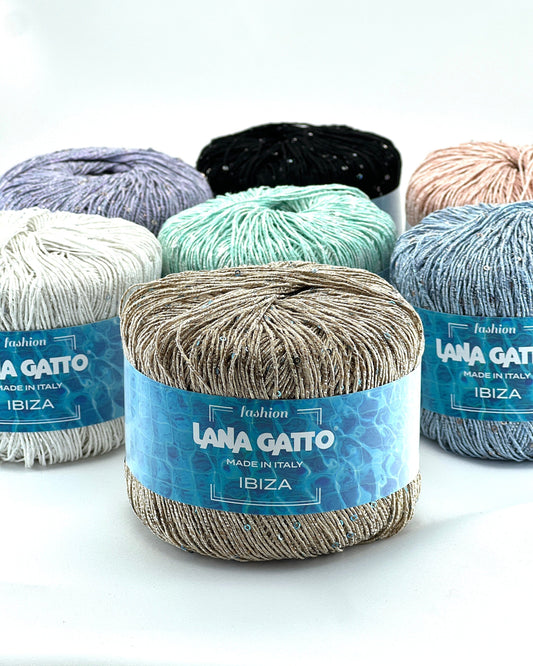 Lana Gatto IBIZA Italian cotton blend yarn with micro-sequins and lurex sparkle for elegant summer beachwear at iDOKNiT.