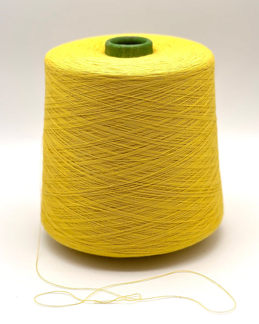 YUMA by Prisma Ricerche — sunflower yellow ecological lace-weight cable cotton yarn, shown on cone and in texture close-ups, available at iDOKNiT.