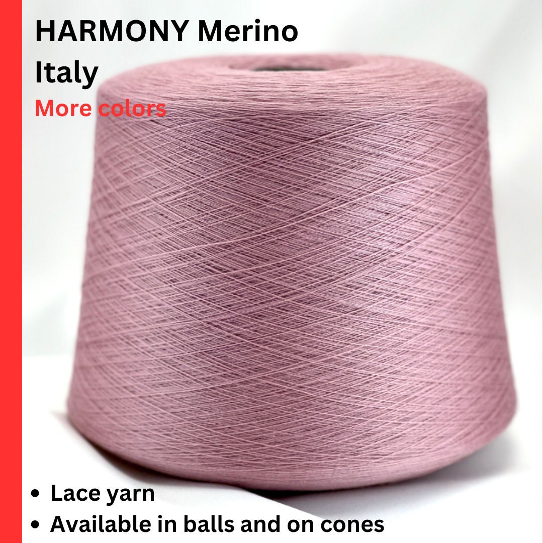 Pink yarn cone with 'Harmony Merino Italy' text on a white background