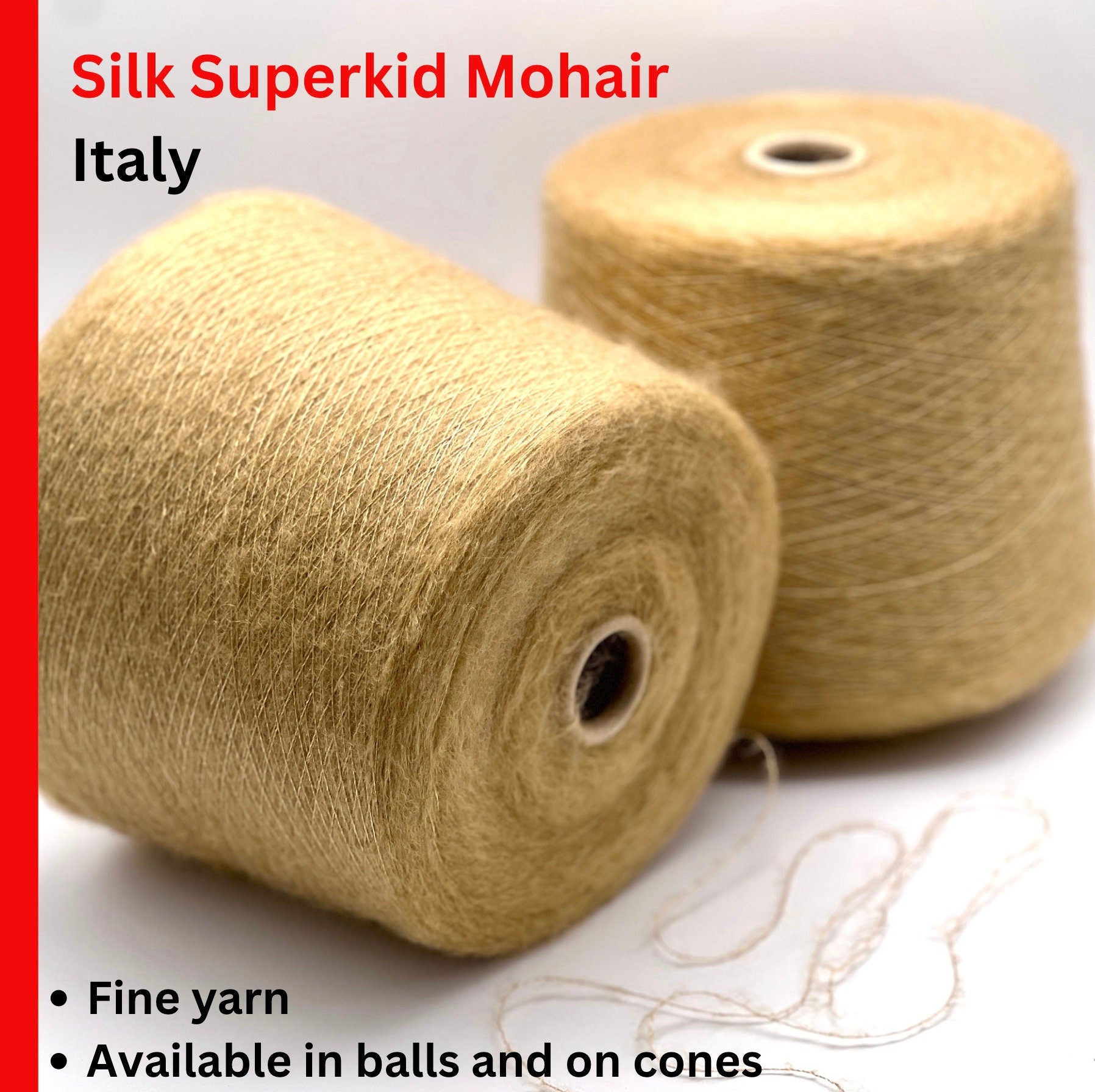 Two skeins of beige yarn with text about Silk Superkid Mohair from Italy.
