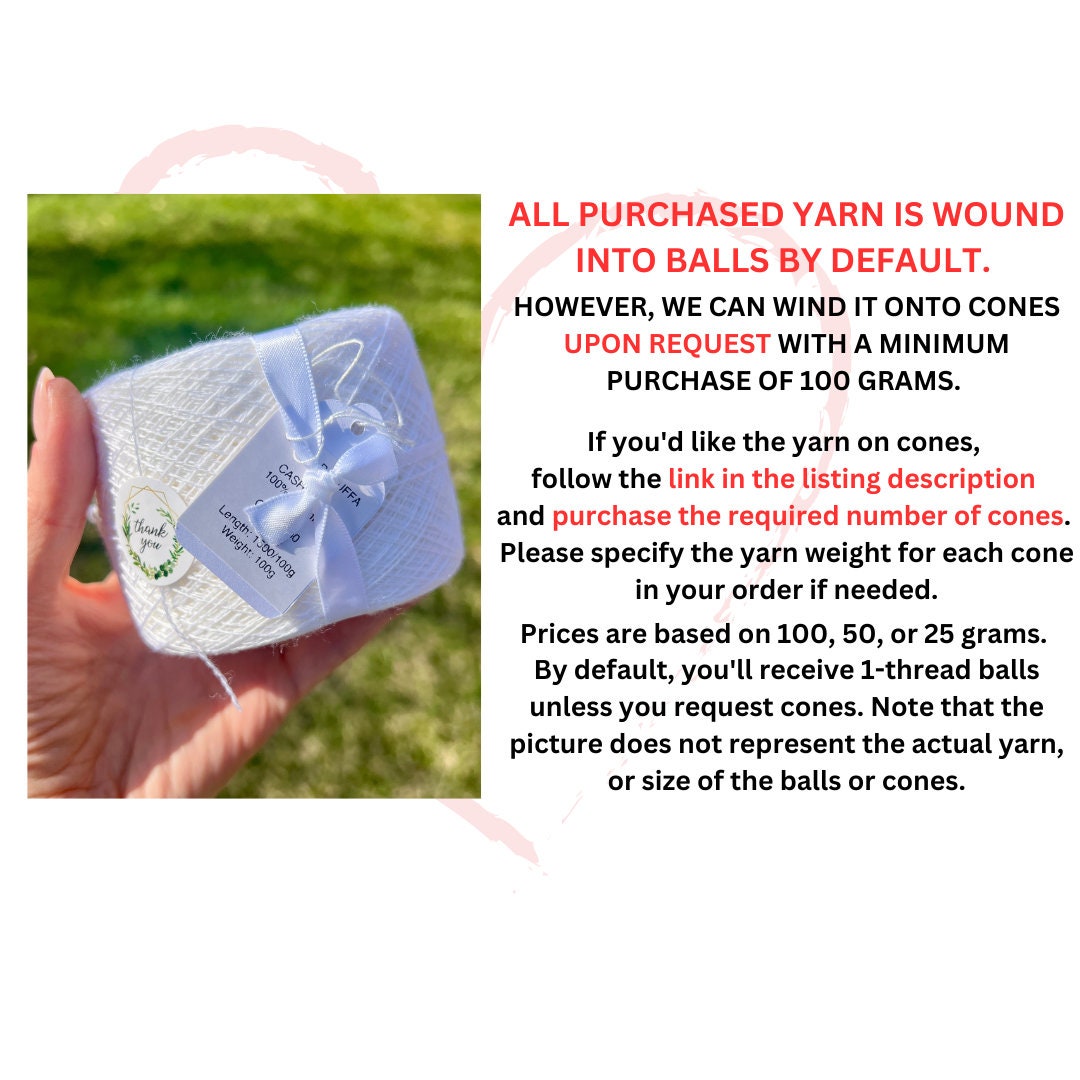 Yarn ball held in hand with grass background and text about yarn availability.