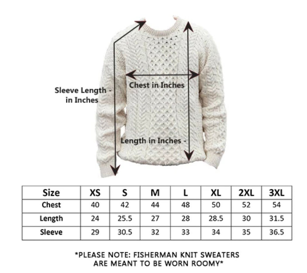 Measurement chart for fisherman knit sweaters with a white sweater on a white background