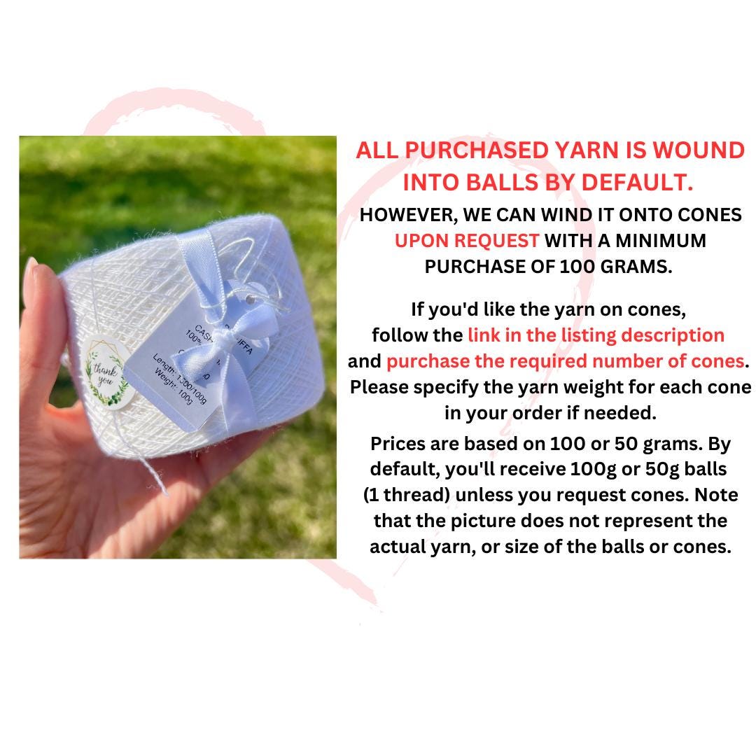 White yarn ball with a blue bow held in a hand against a grassy background, accompanied by text about yarn availability.
