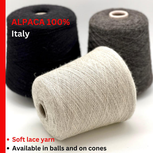 Three spools of alpaca yarn in black, gray, and beige on a white background with text indicating the yarn's origin and properties.