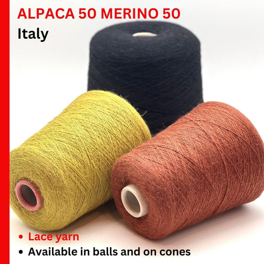 Three spools of yarn in black, yellow, and brown with text about alpaca and merino yarn from Italy.