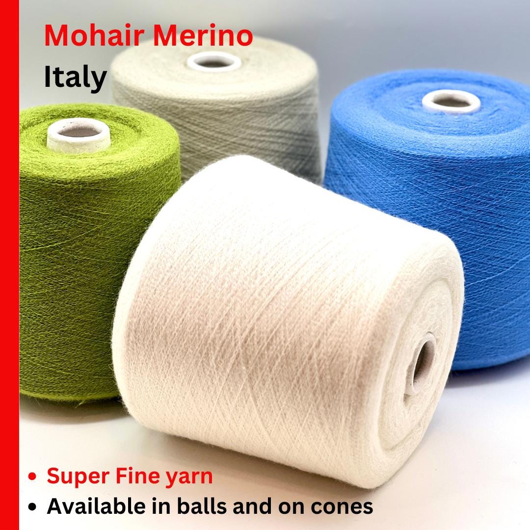 Four spools of yarn in green, white, blue, and beige with text about Mohair Merino yarn from Italy.