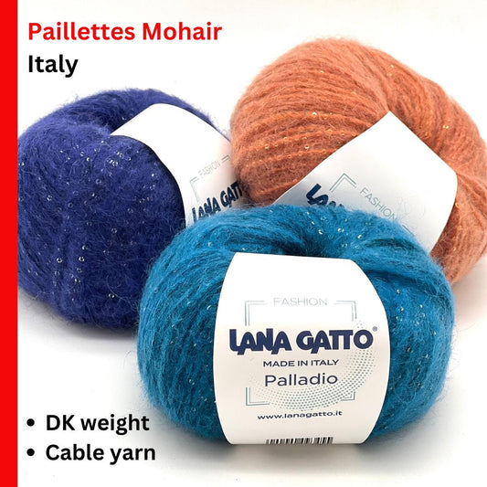 Paillettes Mohair Knitting Yarn, PALLADIO, Lana Gatto Limited Edition from Italy, DK - Worsted Weight, Soft Sparkling Yarn, 50g/95m (1.76oz/104y)