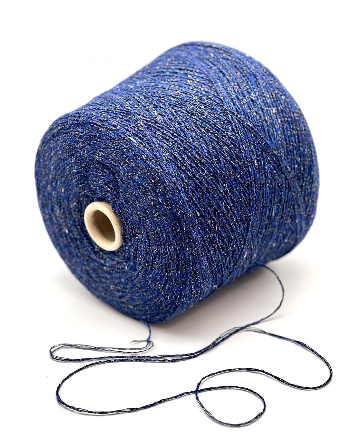 Spool of blue yarn on a white background
