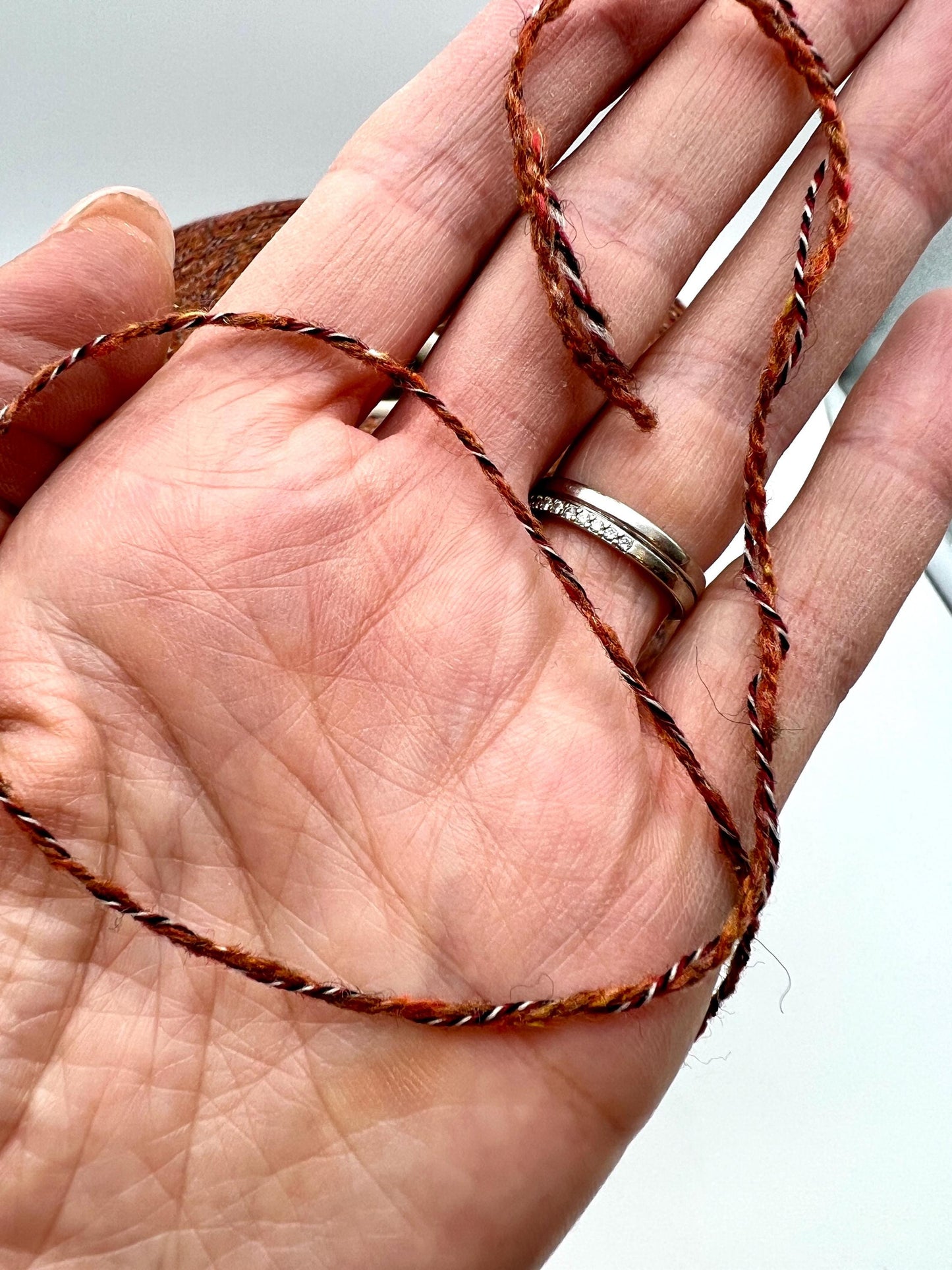 Hand holding a twisted brown string with a blurred background