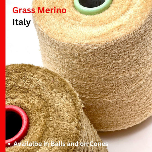 Two spools of Grass Merino yarn with text indicating 'Italy' and availability details.