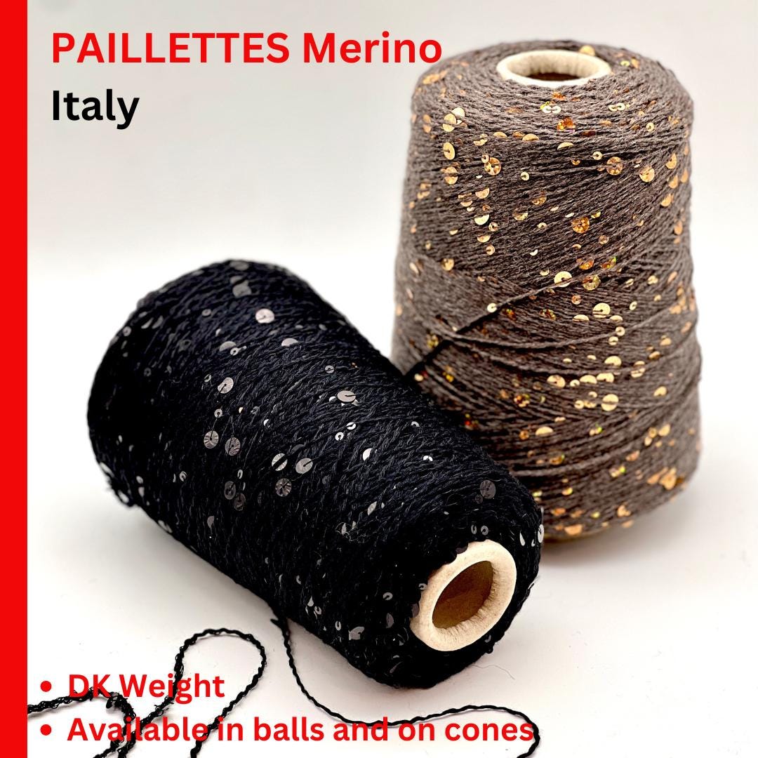 Two spools of yarn, one black and one brown with gold sequins, on a white background.