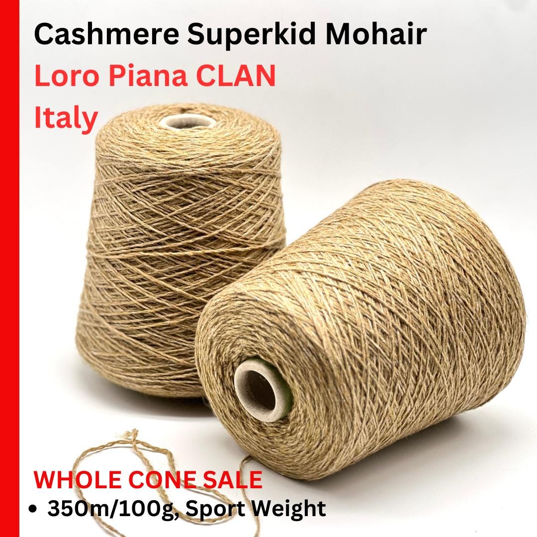 Two skeins of Cashmere Superkid Mohair yarn with Loro Piana branding on a white background.