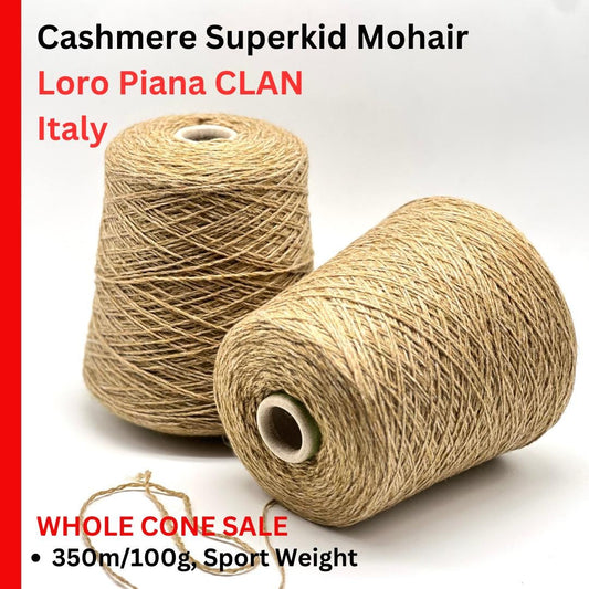 Two skeins of Cashmere Superkid Mohair yarn with Loro Piana branding on a white background.