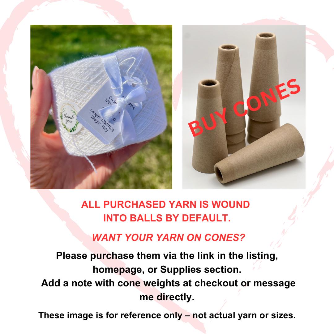 Yarn ball and cardboard cones with text about purchasing yarn on cones.