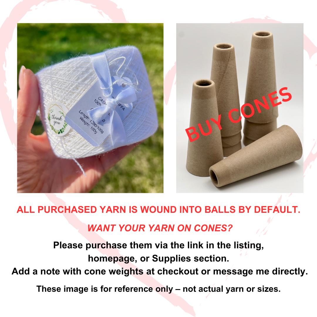 Yarn in packaging held by a hand, with text about yarn on cones and purchasing options.
