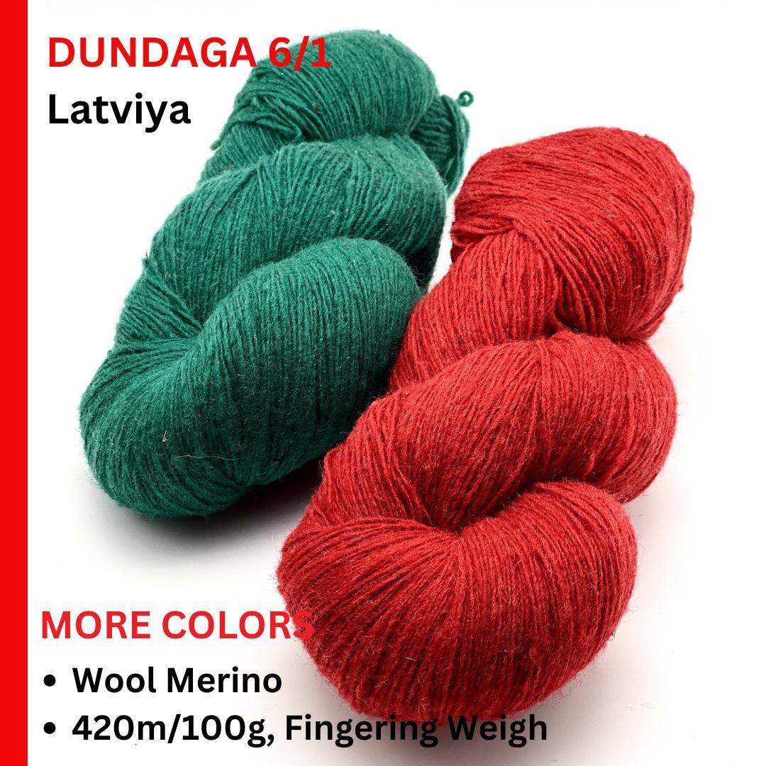 Two skeins of yarn, one green and one red, on a white background with text about the yarn's details.