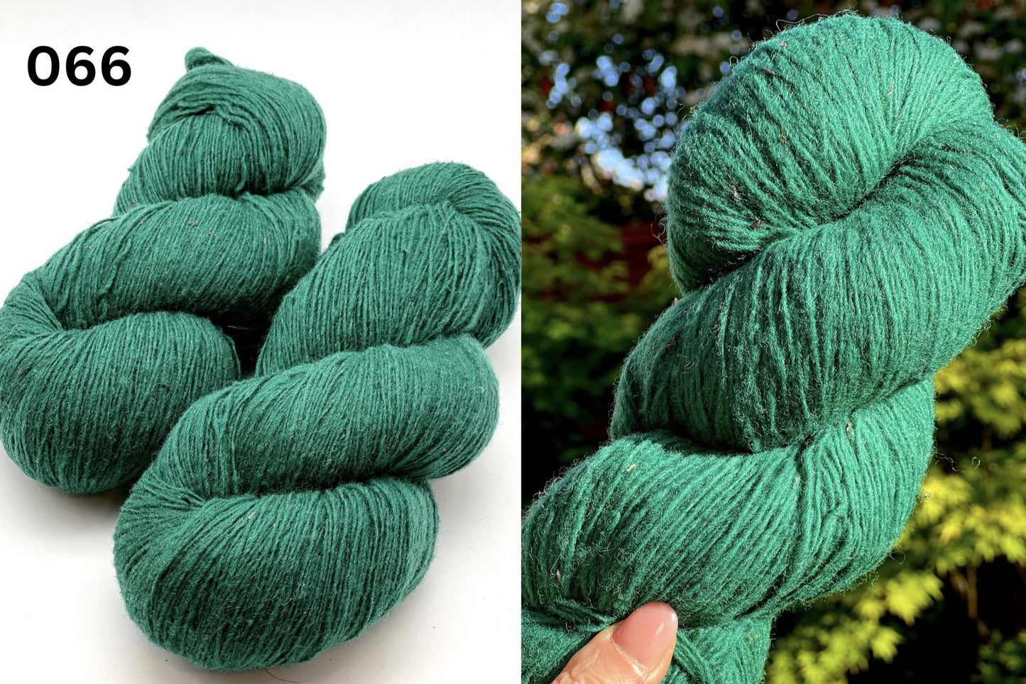 Green yarn skeins on a white background and held in hand with blurred greenery.