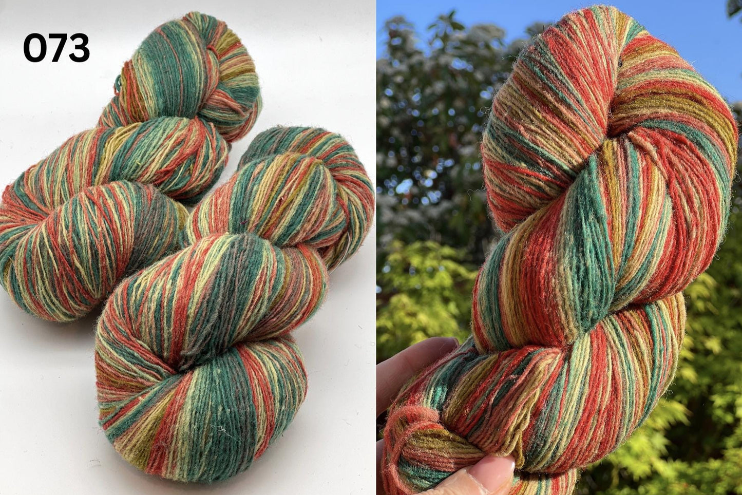 Multicolored yarn skeins on a white background with a close-up of a braid held outdoors.
